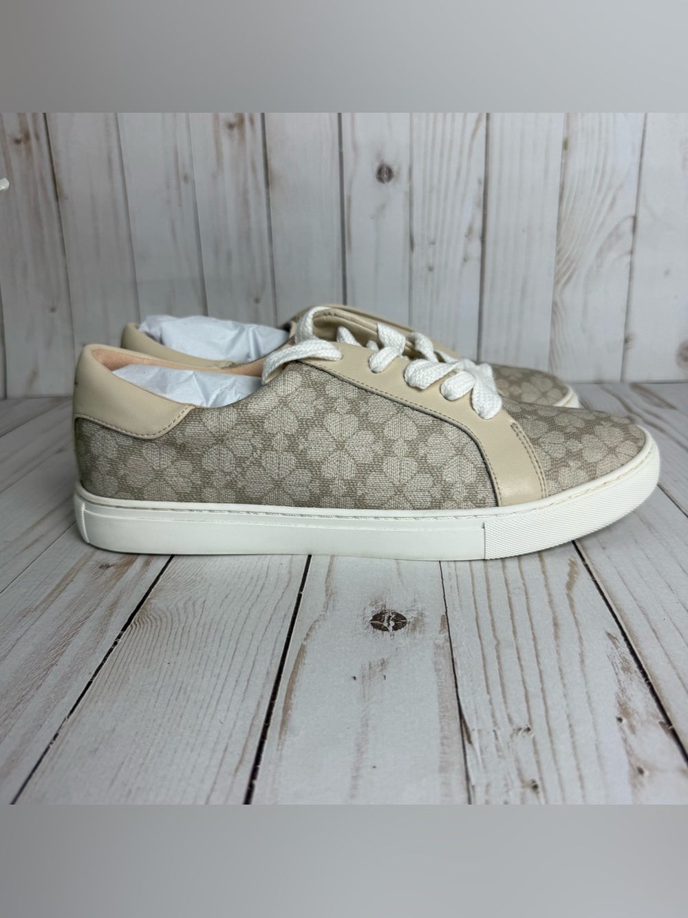 Kate Spade Taupe Erin Spade Flower Logo Sneakers Lace Up Vegan Leather - Picture 2 of 13
